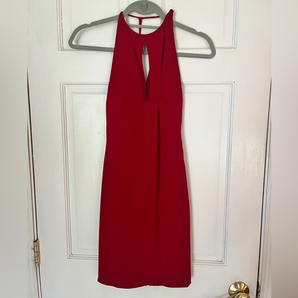 Custom Short Red Keyhole Jersey Dress. JVN by Jovani.